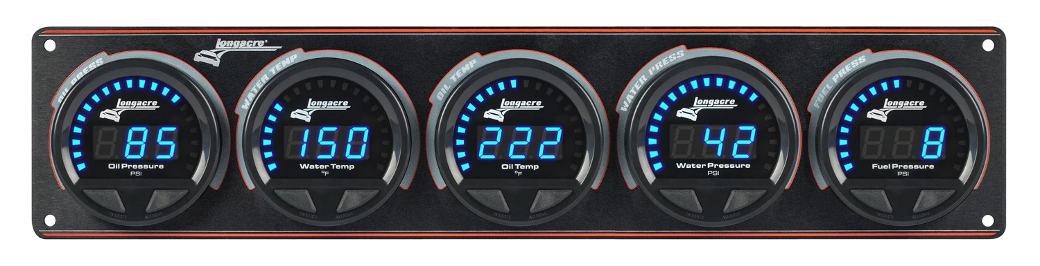 Digital Elite LED Waterproof Gauge Panel from Longacre, 5 Gauge Oil Pressure/Water Temperature/Oil Temperature/Water Pressure/Fuel Pressure