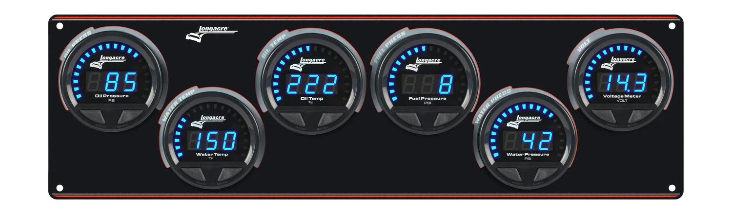 Digital Elite LED Waterproof Gauge Panel from Longacre, 6 Gauge Oil Pressure/Water Temperature/Oil Temperature/Fuel Pressure/Water Pressure/Volt