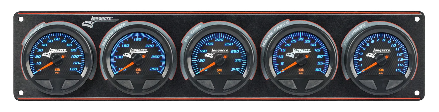 SMi™ Elite Waterproof Gauge Panel from Longacre, 5 Gauge Oil Pressure/Water Temperature/Oil Temperature/Water Pressure/Fuel Pressure